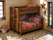 Kit Carson Peak Barnwood Bunk Bed with southwestern bedding in a warm cabin bunk room with a woven basket
