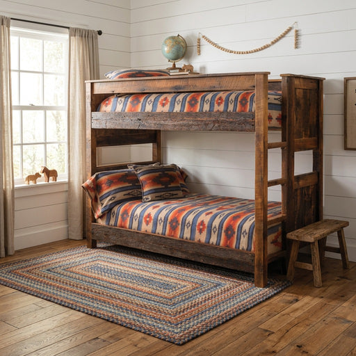 Kit Carson Peak Barnwood Bunk Bed in a white shiplap farmhouse kids room with a braided rug and wooden bench