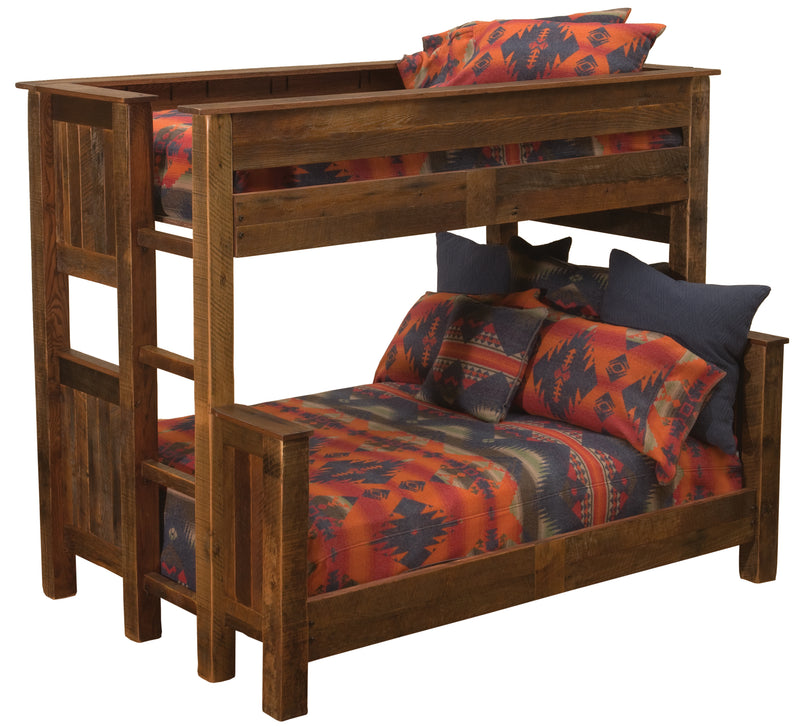 Kit Carson Peak Barnwood Bunk Bed in Twin over Full configuration with right ladder and reclaimed oak plank rails