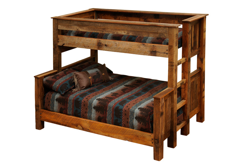 Kit Carson Peak Barnwood Bunk Bed in Twin over Queen configuration showing the wide lower bunk and timber posts