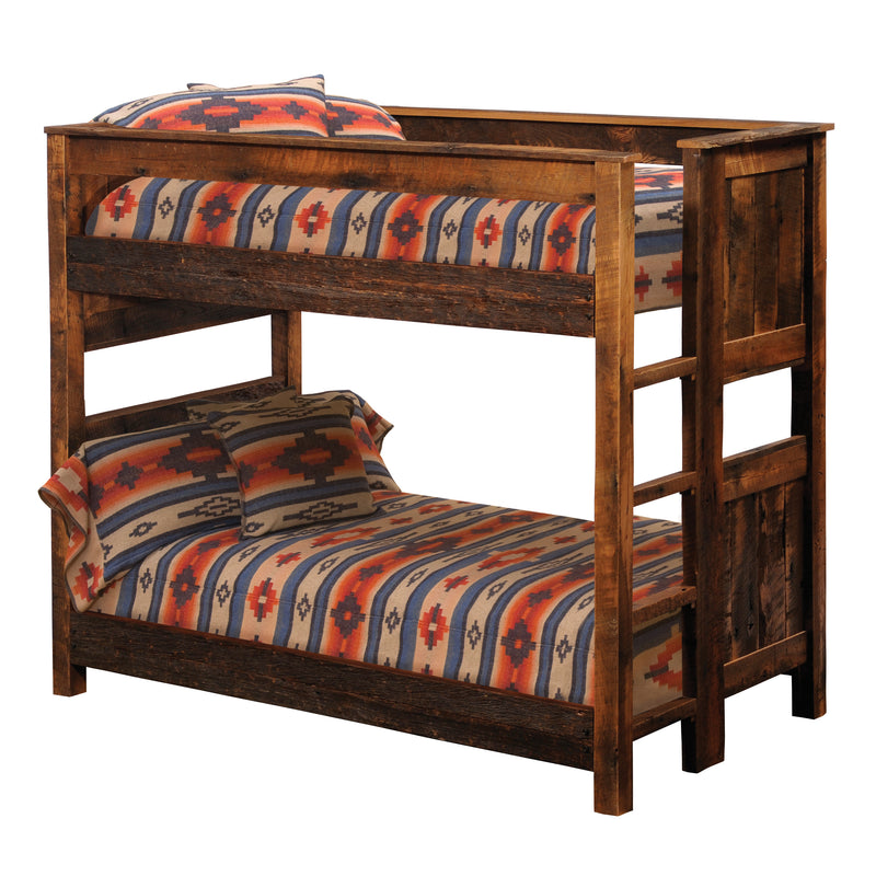 Kit Carson Peak Barnwood Bunk Bed in Twin over Twin configuration on a white background with southwestern bedding