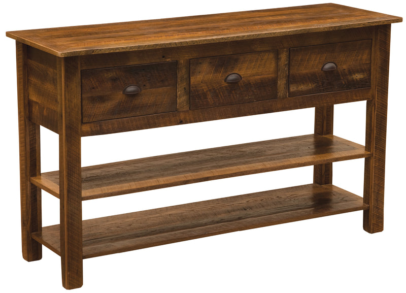 Angled view of the Knobtop Mountain Reclaimed Barnwood Two Shelf Console Table showing three drawers and two shelves