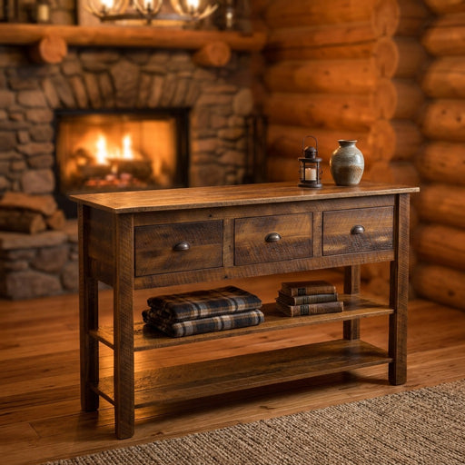 Knobtop Mountain reclaimed barnwood two shelf console table staged by a fireplace in a log cabin living room