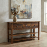 Knobtop Mountain Reclaimed Barnwood Two Shelf Console Table beneath abstract art with decor on top