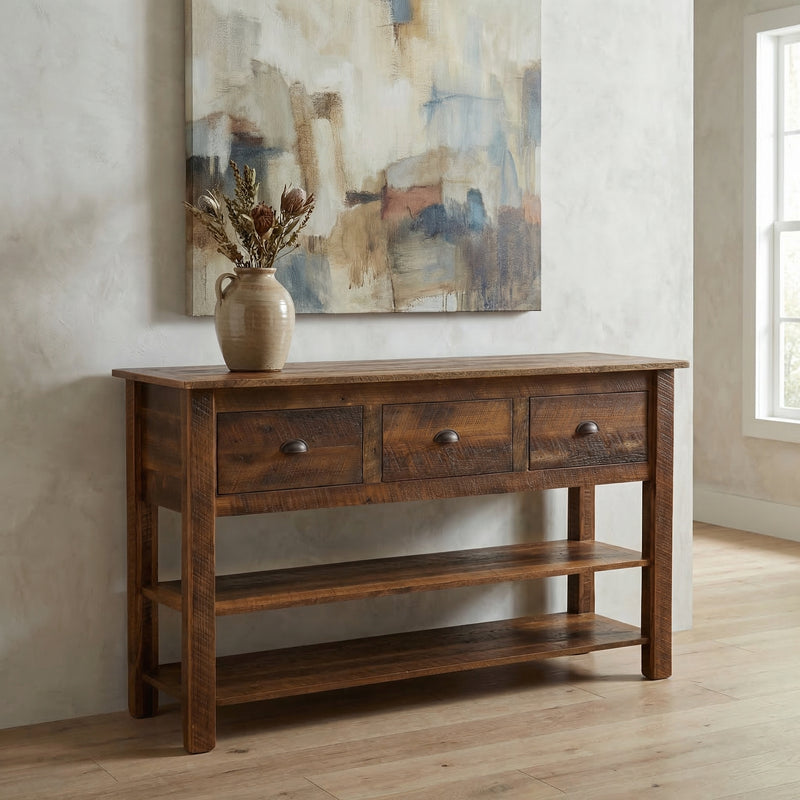 Knobtop Mountain Reclaimed Barnwood Two Shelf Console Table beneath abstract art with decor on top