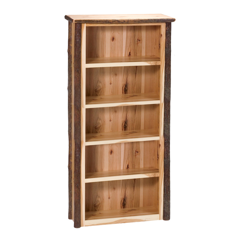 Angled view of the Kuss Peak Hickory Log Five Shelf Library Bookcase