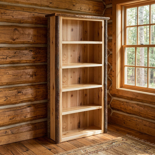 Kuss Peak Hickory Log Five Shelf Library Bookcase staged in a sunlit log cabin home office
