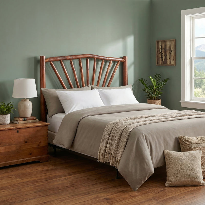 La Plata Peak Hickory Sunburst Headboard behind gray bedding against a sage green wall in a bright bedroom