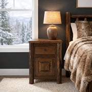 Lackawanna Peak Cedar Log Enclosed Nightstand in a rustic cabin bedroom