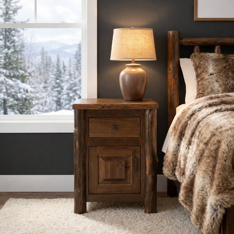 Lackawanna Peak Cedar Log Enclosed Nightstand in a rustic cabin bedroom