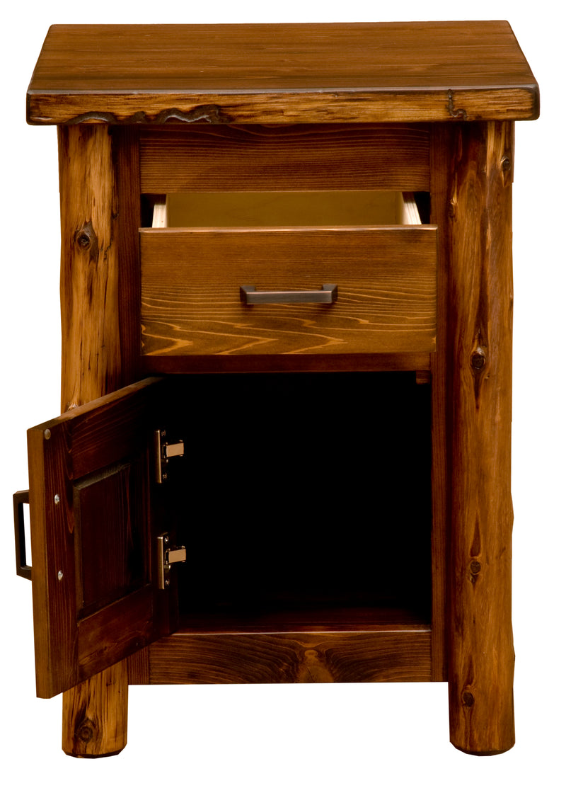Lackawanna Peak Cedar Log Enclosed Nightstand with the cabinet door open