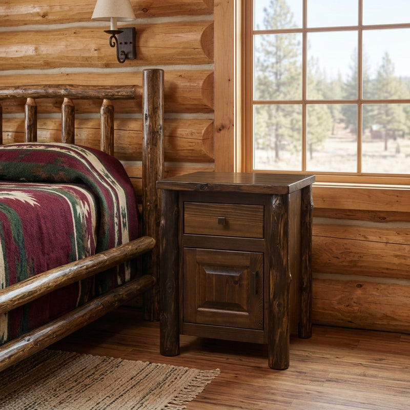 Lackawanna Peak Cedar Log Enclosed Nightstand staged in a sunlit log cabin bedroom