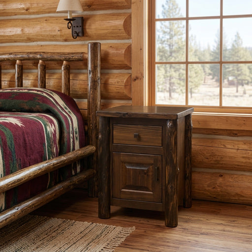Lackawanna Peak Cedar Log Enclosed Nightstand staged in a sunlit log cabin bedroom