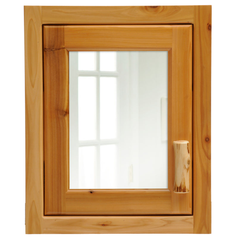 Angled view of the Landslide Peak Cedar Log Recessed Medicine Cabinet