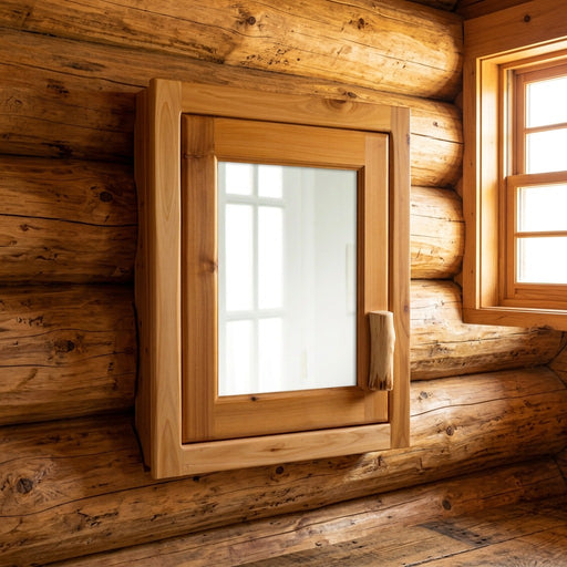 Landslide Peak Cedar Log Recessed Medicine Cabinet staged in a sunlit log cabin bathroom