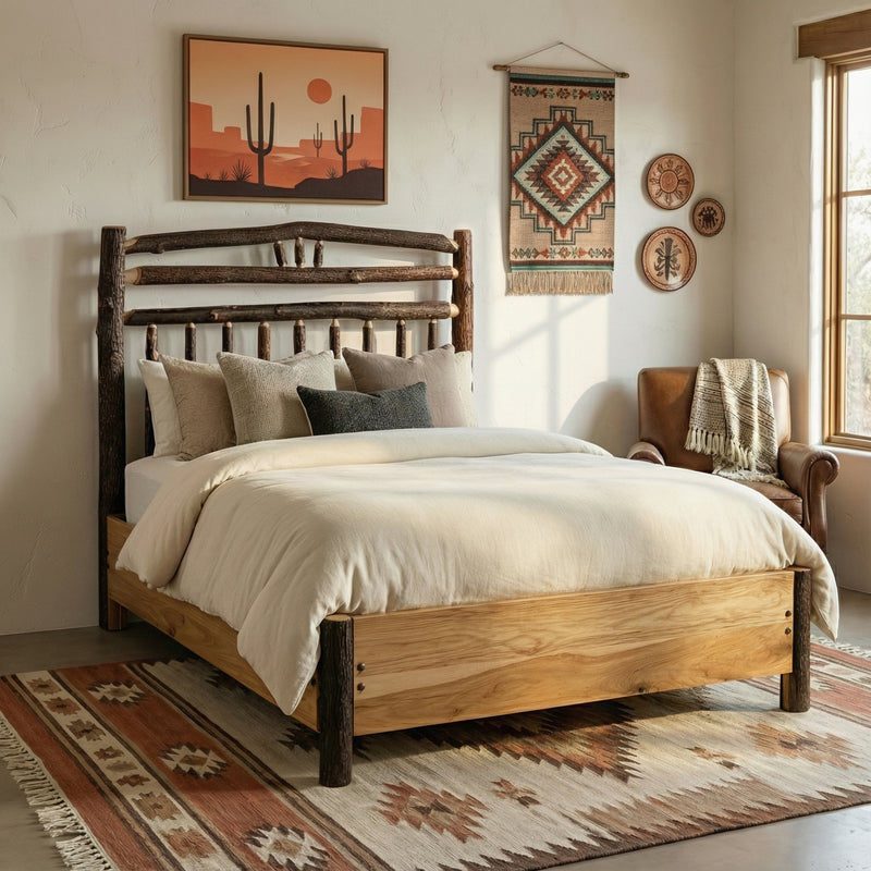 Lavender Peak Hickory Wagon Wheel Bed with Rail System with layered bedding in a cozy bedroom