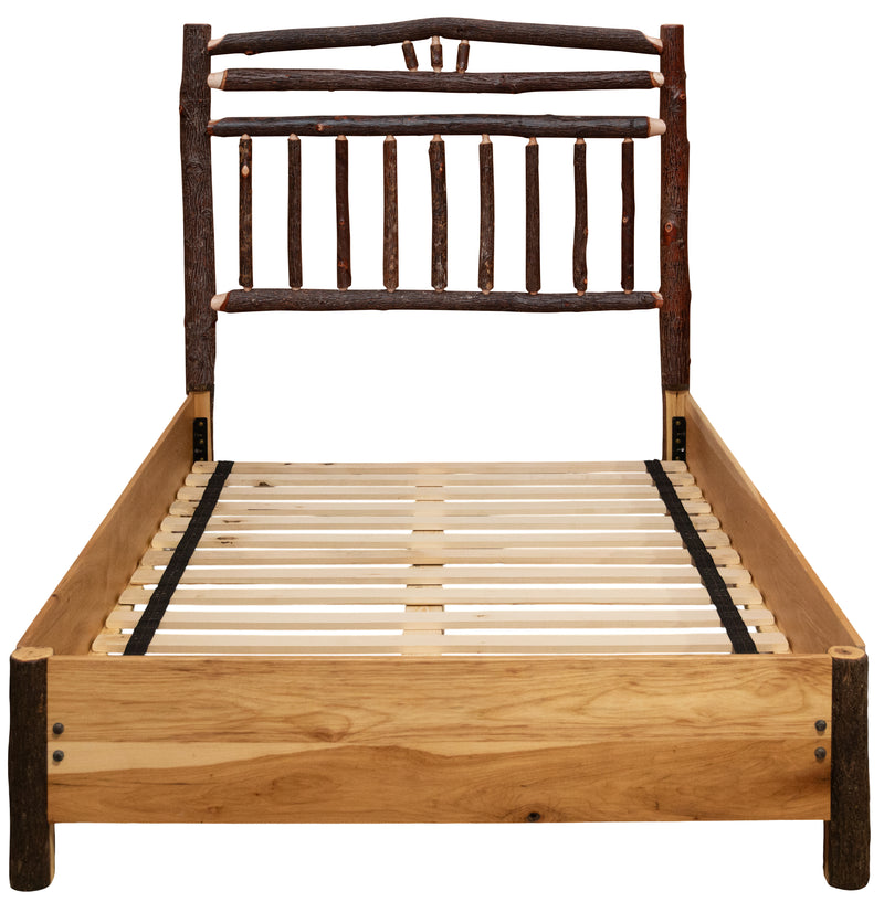 Front view of the Lavender Peak Hickory Wagon Wheel Bed with Rail System