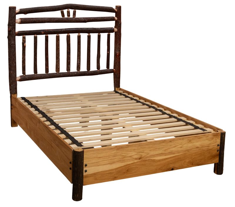 Second angled view of the Lavender Peak Hickory Wagon Wheel Bed with Rail System showing the rail system and slats