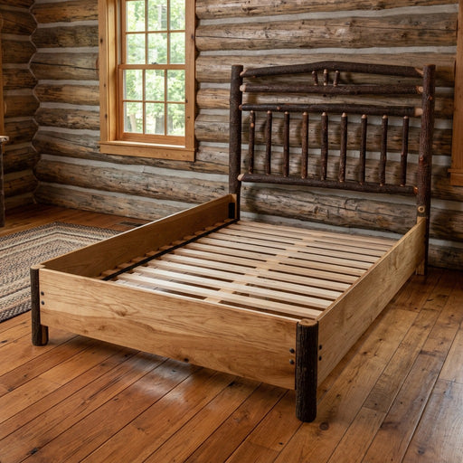 Lavender Peak Hickory Wagon Wheel Bed with Rail System staged in a sunlit log cabin bedroom
