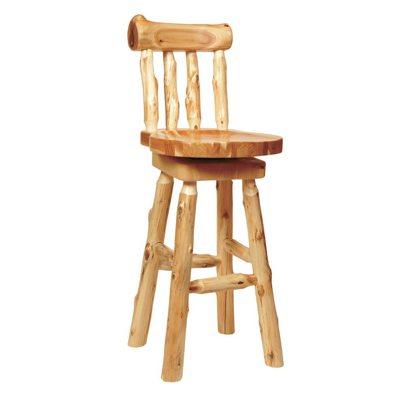 Angled view of the Leviathan Peak Cedar Swivel Stool with Back