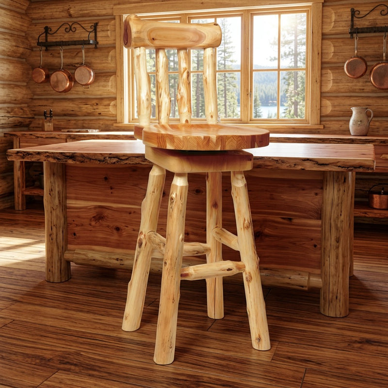 Leviathan Peak Cedar Swivel Stool with Back staged in a sunlit log cabin kitchen