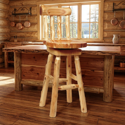 Leviathan Peak Cedar Swivel Stool with Back staged in a sunlit log cabin kitchen