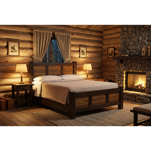 Little Bear Peak Pine Cider House Bed staged in a rustic log cabin bedroom with a stone fireplace