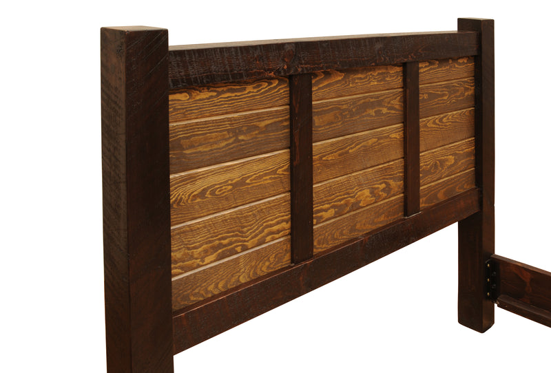 Planked panel detail on the headboard of the Little Bear Peak Pine Cider House Bed