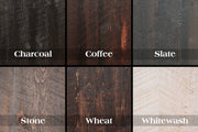 Six stain color options for the Little Bear Peak Pine Cider House Bed: Charcoal, Coffee, Slate, Stone, Wheat, and Whitewash