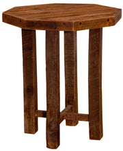 Angled view of the Lizard Head Peak Reclaimed Barnwood Octagon Pub Table with an Artisan Top