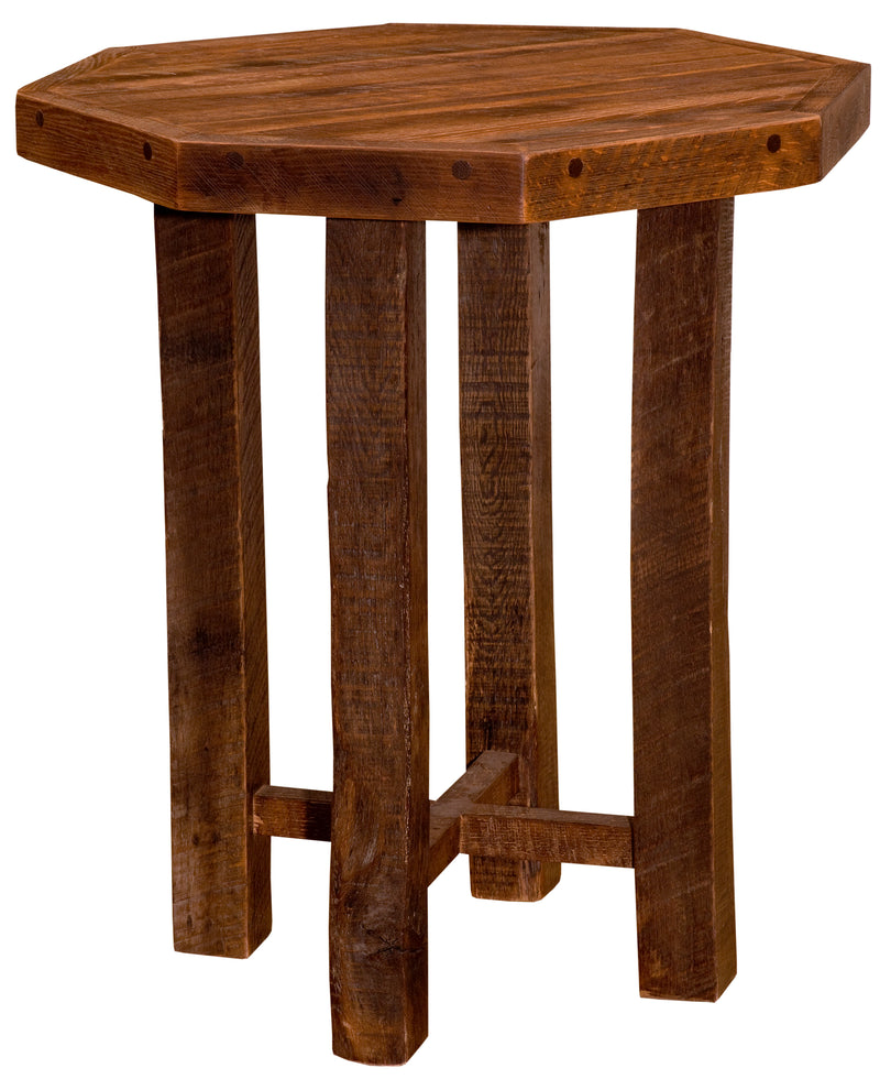 Angled view of the Lizard Head Peak Reclaimed Barnwood Octagon Pub Table with an Artisan Top