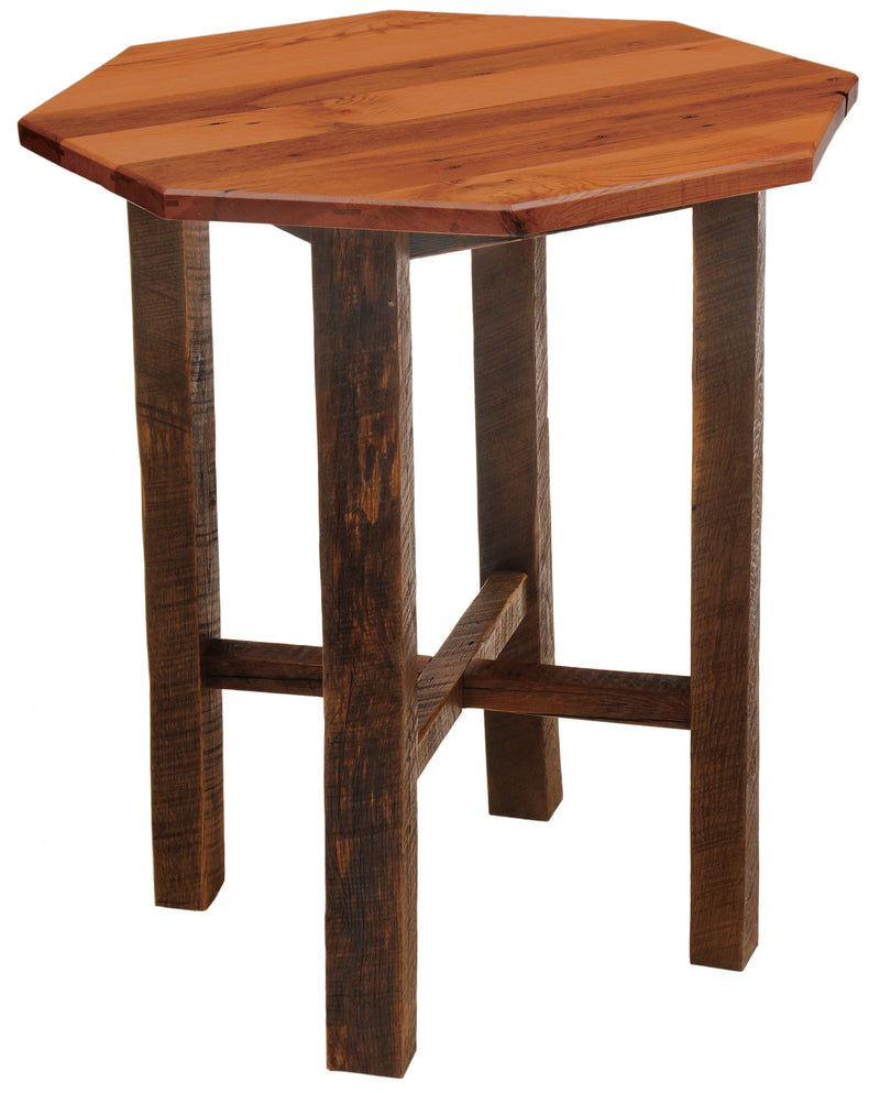 Angled view of the Lizard Head Peak Reclaimed Barnwood Octagon Pub Table with an Antique Oak Top