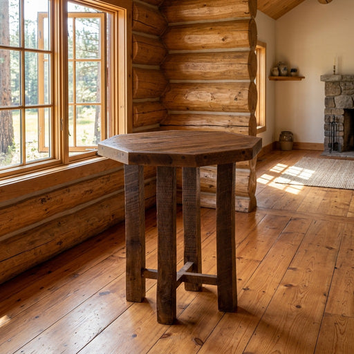 Lizard Head Peak Reclaimed Barnwood Octagon Pub Table staged in a sunlit log cabin dining room