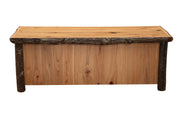 Back view of the Lone Cone Hickory Log Three Drawer Coffee Table showing the finished hickory back panel