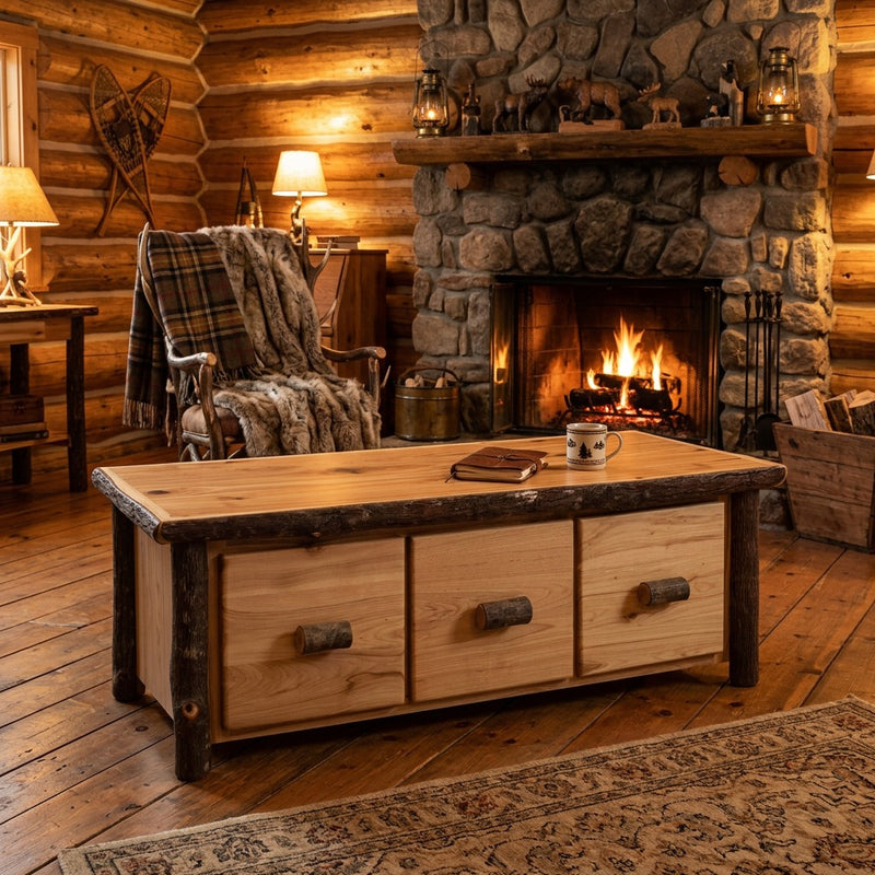 Lone Cone Hickory Log Three Drawer Coffee Table staged before a stone fireplace in a log cabin living room