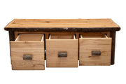 Front view of the Lone Cone Hickory Log Three Drawer Coffee Table with drawers pulled out on soft-close glides