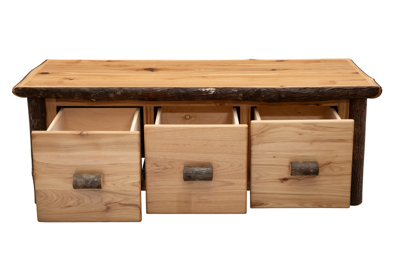 Front view of the Lone Cone Hickory Log Three Drawer Coffee Table with drawers pulled out on soft-close glides