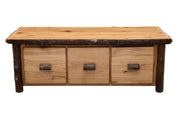 Front view of the Lone Cone Hickory Log Three Drawer Coffee Table with three drawers