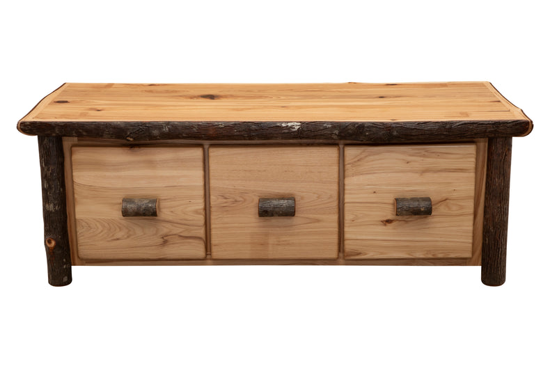 Front view of the Lone Cone Hickory Log Three Drawer Coffee Table with three drawers