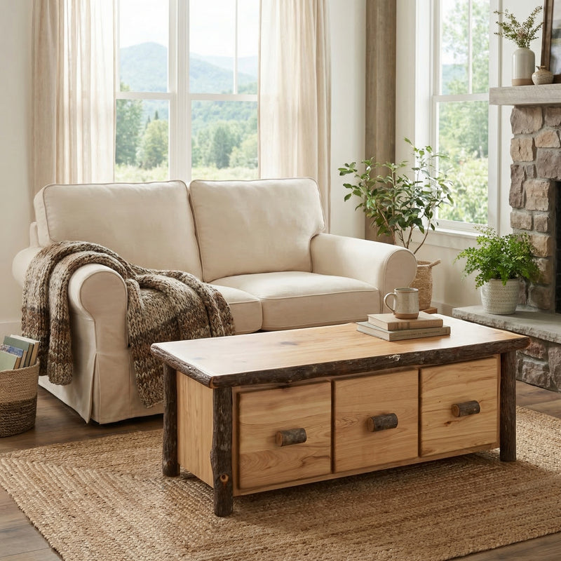 Lone Cone Hickory Log Three Drawer Coffee Table in Natural in front of a cream sofa near a window with mountain views