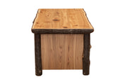 Side view of the Lone Cone Hickory Log Three Drawer Coffee Table showing the hickory side panel and log posts
