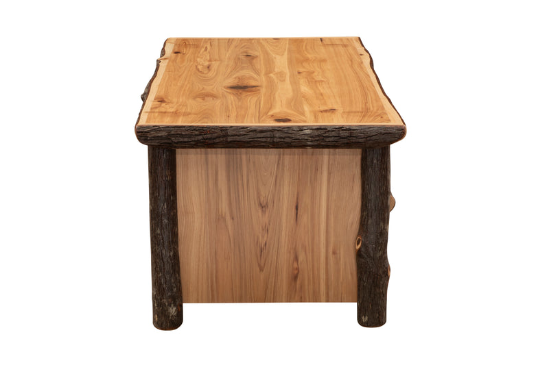 Side view of the Lone Cone Hickory Log Three Drawer Coffee Table showing the hickory side panel and log posts