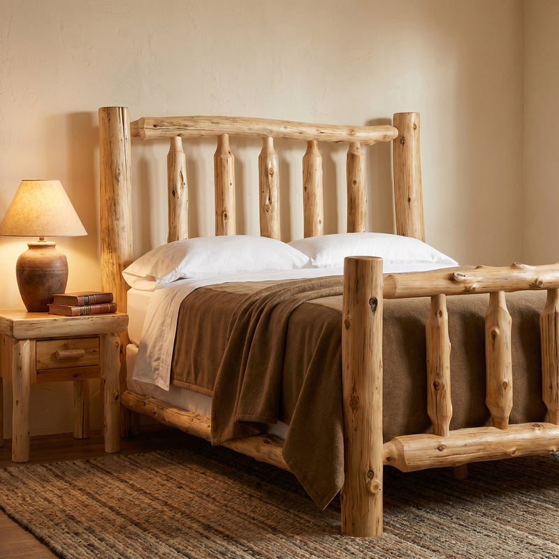 Angled view of the Longs Peak Cedar Log Bed handcrafted from solid cedar logs in a rustic cabin bedroom