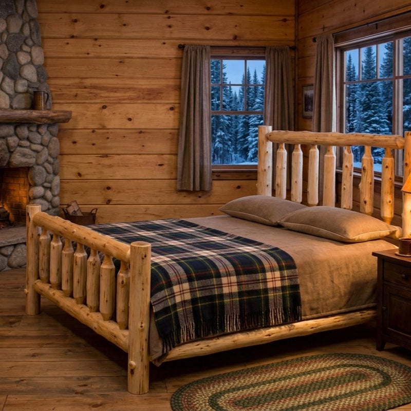 Longs Peak Cedar Log Bed staged in a rustic log cabin bedroom with stone fireplace and plaid bedding