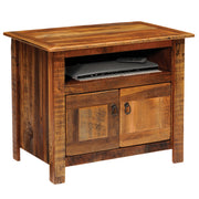 Angled view of the Lulu Mountain Reclaimed Barnwood TV Stand showing the cubby and cabinet doors