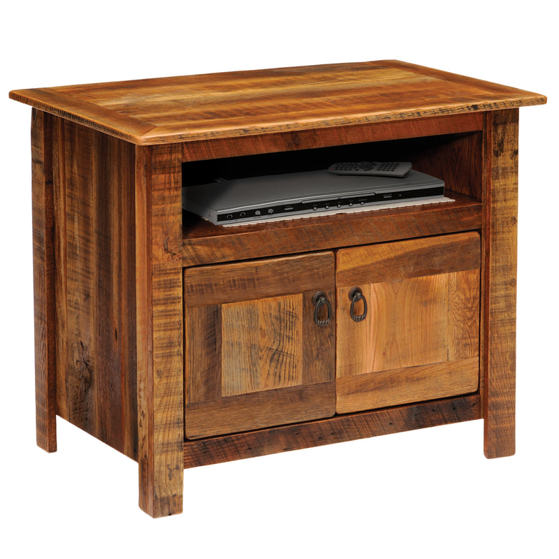 Angled view of the Lulu Mountain Reclaimed Barnwood TV Stand showing the cubby and cabinet doors