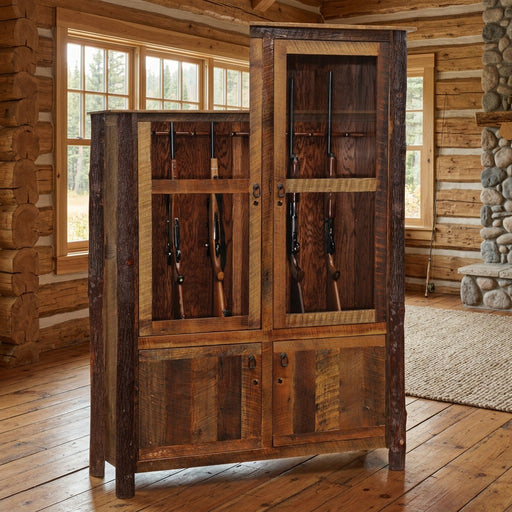Mahana Peak Barnwood and Hickory Twelve Gun Cabinet staged in a sunlit log cabin living room
