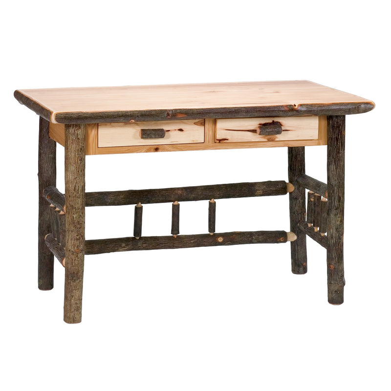 Angled view of the Marble Mountain Hickory Log Two Drawer Writing Desk