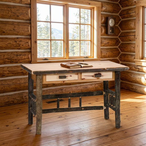 Marble Mountain Hickory Log Two Drawer Writing Desk staged in a sunlit log cabin home office