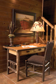 Marble Mountain Hickory Log Two Drawer Writing Desk in a cabin home office